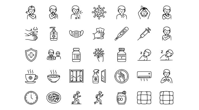 Minimal Medical Flu Symptom and Prevention Icons Set with Influenza Care and Healthcare Line Art Symbols