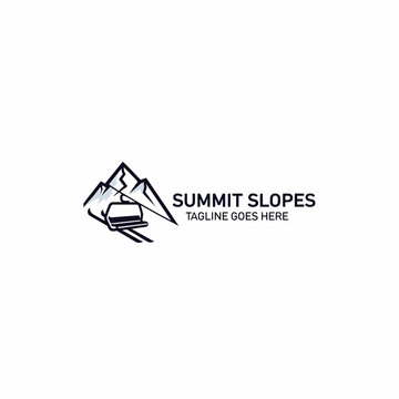 Sleek outdoor brand logo representing goals, achievement, and travel through stylized mountain peaks and a clear pathway.