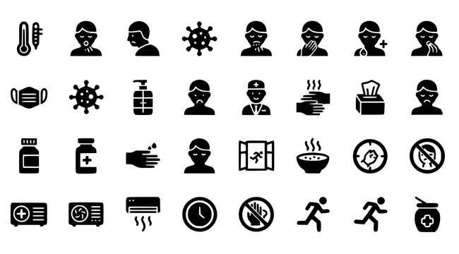Flat Black Influenza Prevention and Flu Symptom Icon Collection for Medical Healthcare Vector Infographic Design
