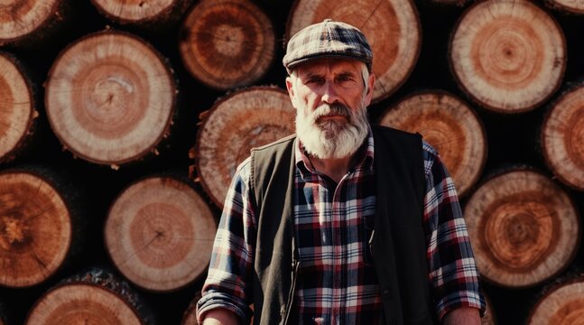 Bearded man in cap and plaid shirt stands against wood logs pile. Experienced lumberjack outdoor, forestry worker, timber industry profession.