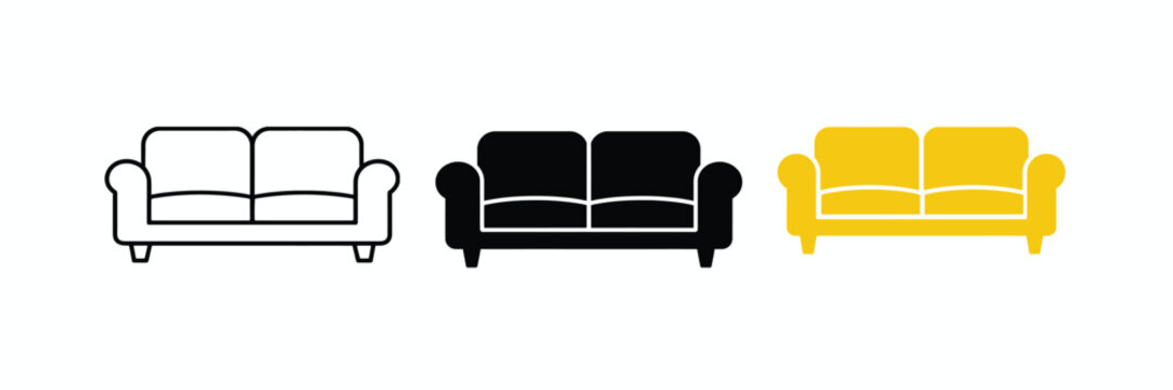 Sofa Furniture Icon Set in Outline, Solid and Flat Style Vector Illustration