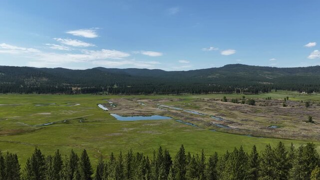 Aerial of swampy Phillips Lake near Baker City Oregon in spring time with blue sky