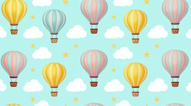 Hot air balloons float in a pastel sky with clouds and stars. This whimsical pattern evokes adventure and childhood dreams. Colorful balloons drift across a light blue background.