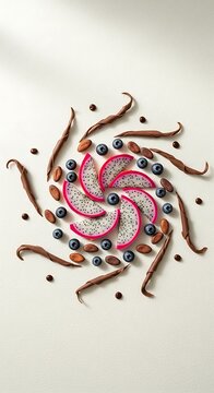 A beautiful fruit chocolate mashup featuring vibrant dragon fruit slices arranged with fresh blueberries and chocolate curls on a minimalist white background
