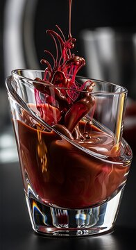 A vibrant fruit chocolate mashup artistic conceptual photography featuring liquid red syrup swirling into rich melted dark chocolate inside a glass cup