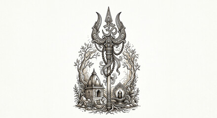 Fototapeta premium Artistic depiction of a Shiva temple surrounded by nature, highlighted by a beautifully engraved trident and spiritual symbolism.