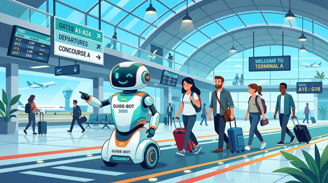 A friendly guide robot assists diverse travelers with their luggage in a modern, bustling airport terminal, pointing towards departures and concourse.