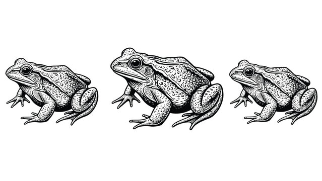 Three stylized frogs drawn in a vintage engraving style on a white background.