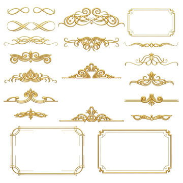Intricate golden ornamental elements: calligraphic flourishes, swirls, ornate dividers, heading frames, polished and reflective, flat lay on transparent background with copy space, soft studio light.