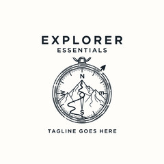 Classic compass and mountain emblem for navigation, travel, and outdoor exploration. © Coornel Design