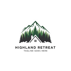 Fototapeta premium Serene cabin and mountain landscape logo ideal for real estate, travel, or lodging.