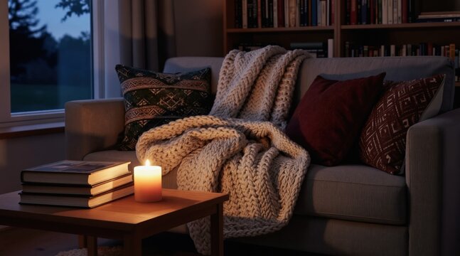 Cozy evening scene indoors. Lit candle on table near stack of books. Soft blanket covers sofa. Window shows dim twilight outdoors. Bookshelves filled with books in background.