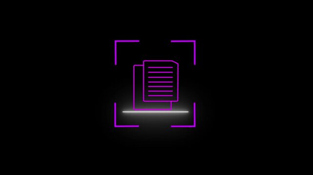 Neon purple outline of stacked documents being scanned by a horizontal light beam within a digital frame on a black background representing document digitization and data processing