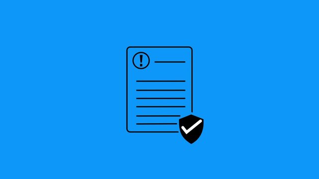 Simple black of a document with an exclamation mark and a shield with a checkmark on a vibrant blue background representing security and important information Keywords: document, paper
