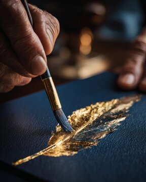 POV of Specialist Applying 24k Gold Leaf to Luxury Business Ledger.