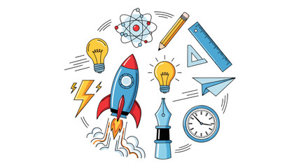 Fototapeta premium Playful science and technology doodles featuring rockets, orbit, lightbulbs, and diagrams in a colorful exploratory illustration.