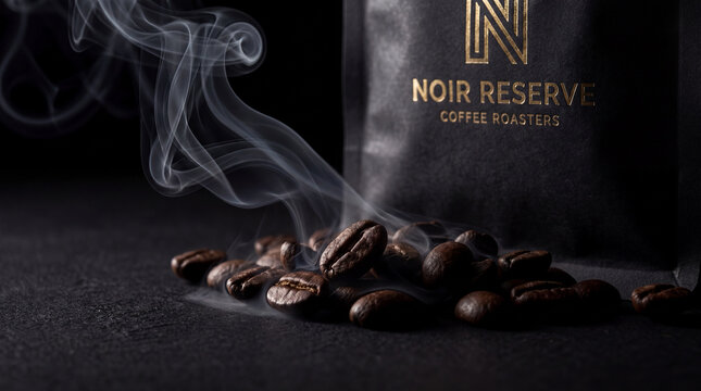 Aroma of Noir Reserve Coffee: Steaming coffee beans scattered on a dark surface, releasing a fragrant aroma, with a bag of Noir Reserve Coffee Roasters in the background.