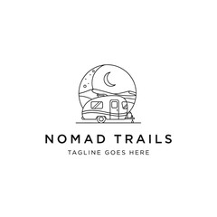 Fototapeta premium Clean line art logo design for RV rentals or road trip services, showcasing a travel trailer caravan in a natural landscape.