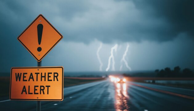 Weather alert warning sign on a dark highway during a severe lightning thunderstorm