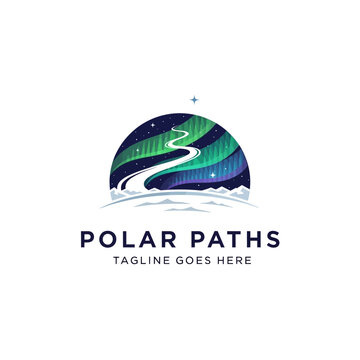 Magical and scenic logo for northern tours or photography, showing the northern lights glowing over a snowy path and mountain range.