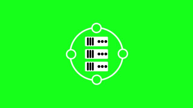 White circular diagram with three stacked server and connecting dots on a bright green background representing data storage or network infrastructure
