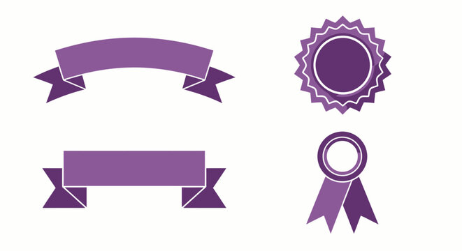 Set of purple award ribbons and circular medal badges for decorative graphic resources and branding elements.