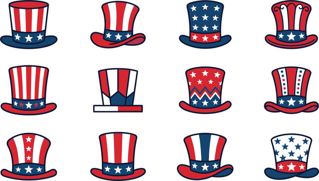 Patriotic American flag Uncle Sam hat icon set, 4th of July independence day vectors