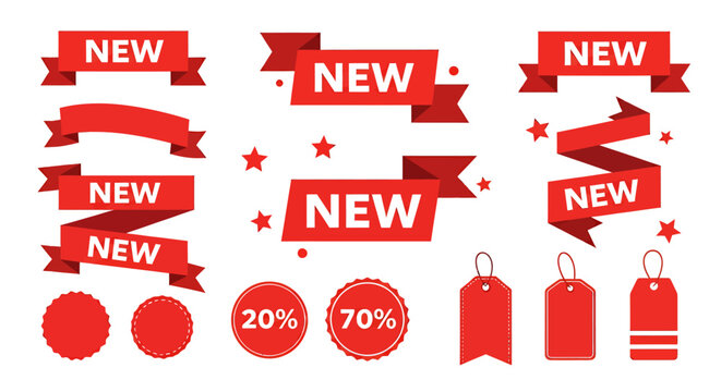 Assorted red promotional tags with NEW labels and circular price markers on white background.