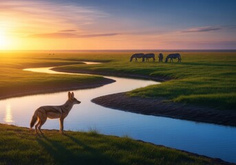 Obraz premium A slender jackal stands alert by a winding blue stream under golden light, as striped zebras graze in the lush green fields nearby at dusk, daylight, nature, ecosystem