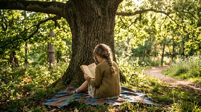 Young girl reading under tree outdoors.