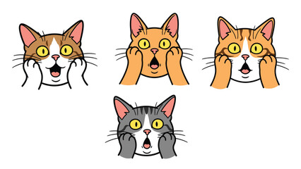 Fototapeta premium Four cartoon cats with surprised and shocked expressions, holding their paws to their faces.