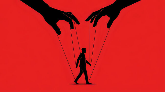 Conceptual illustration of a puppet master controlling a walking businessman with strings against a red background