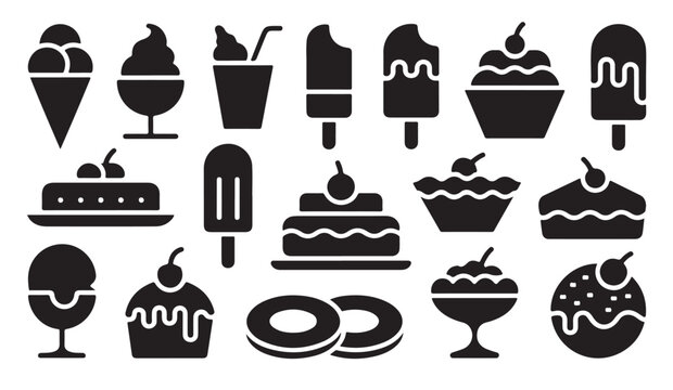 Sweet pastry and cold dessert symbols including pie slices cakes donuts and frozen treats.