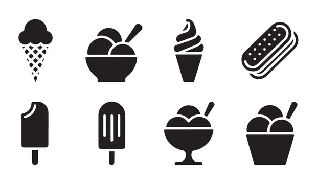 Collection of ice cream icons, various sweet frozen desserts in different forms.
