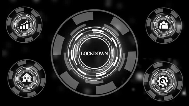 Futuristic digital interface featuring a centralized lockdown warning system with animated hud data analytics social distancing and technical settings in a sleek monochrome style