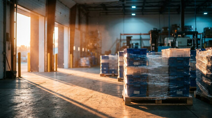 Obraz premium Spacious warehouse interior featuring stacks of plastic containers secured with industrial stretch film on wooden pallets under warm sunset light streaming through open doors.