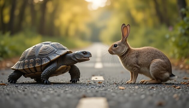 Tortoise and rabbit facing each other on road