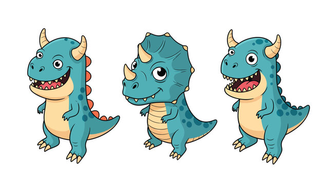 Three cute cartoon dinosaurs with different horns and frills, isolated on a white background.