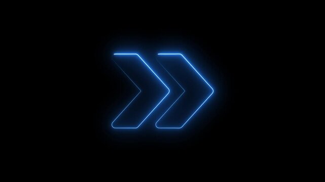 Two Glowing Blue Neon Chevron Arrows Pointing Right on a Black Background direction forward
