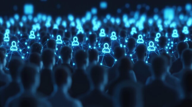 Crowd of digital people connected by glowing network icons and social data technology