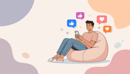 Obraz premium Minimalist Illustration of Young Man Relaxing on Bean Bag Using Smartphone with Social Media Icons