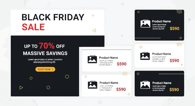 Black Friday sale advertisement with sample product cards