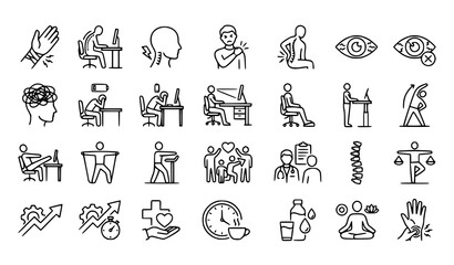 Fototapeta premium Office Syndrome and Occupational Health Thin Line Icon Set Editable Stroke Workplace Wellness Vector