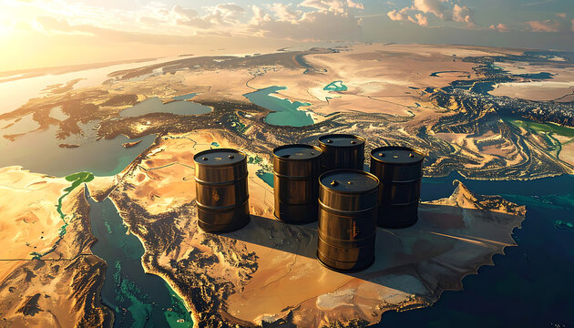 Oil barrels on a pixelated arid landscape during sunset, conveying energy crisis and resource scarcity