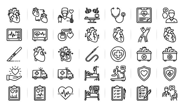 Heart Surgery Thin Line Icons Set Medical Cardiology and Cardiac Procedure Editable Stroke Vector Collection