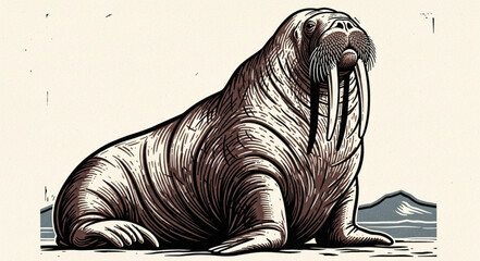 Majestic Walrus with Prominent Tusks Sitting on Ice. © Dadi