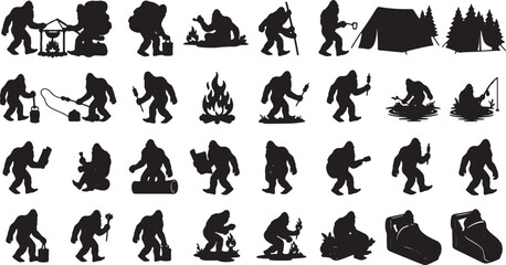 Obraz premium Bigfoot Camping Adventure Silhouettes in Black and White Line Art Style