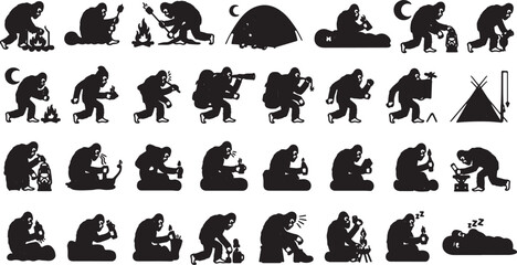 Fototapeta premium Bigfoot Night Camping Routine Silhouettes Vector Icon Set Line Art
