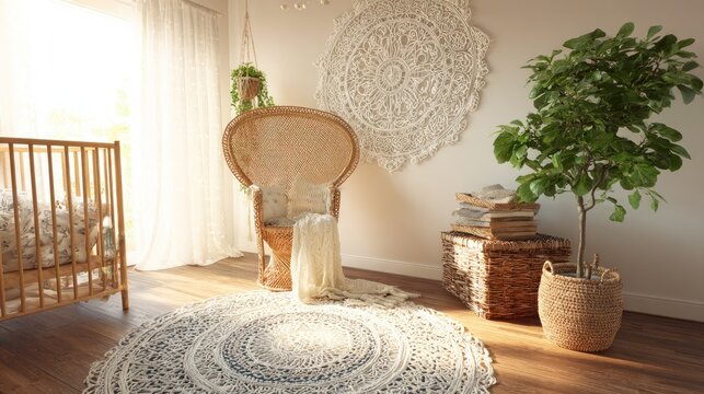 Brightly lit nursery corner features natural wood crib and bohemian decorative elements