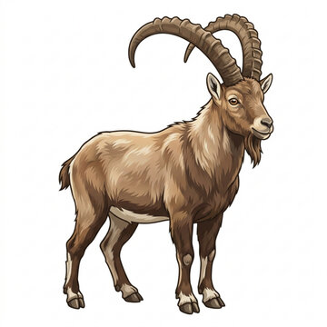 Alpine Ibex isolated on white background. Illustration of a wild mountain goat with large curved horns
